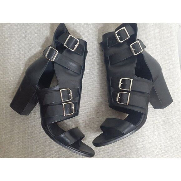 THE KOOPLES Heels Black Leather Strappy‎ Buckle  Block Heels Size 8 EU 38 - Picture 4 of 6